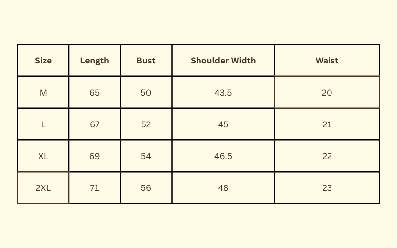 Size Chart for Primal Classic Polo