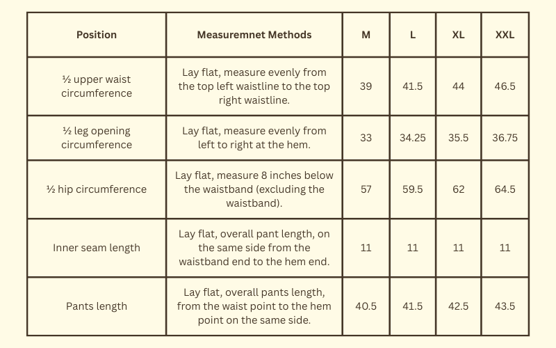 Size Chart for Primal Court Short