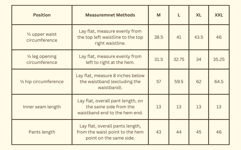 Size Chart for Primal Flow Short