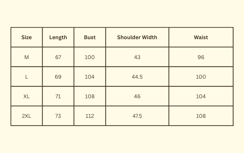 Size Chart for Primal Swift Top